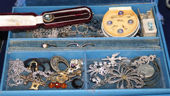 Three gold rings, a pietra dura stick pin, silver jewellery, etc.